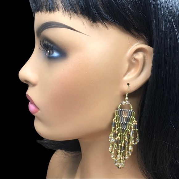 Olive Green Gold Bugle Seed Bead Loop Tassel Handmade Statement Dangle Earrings - Picture 3 of 3